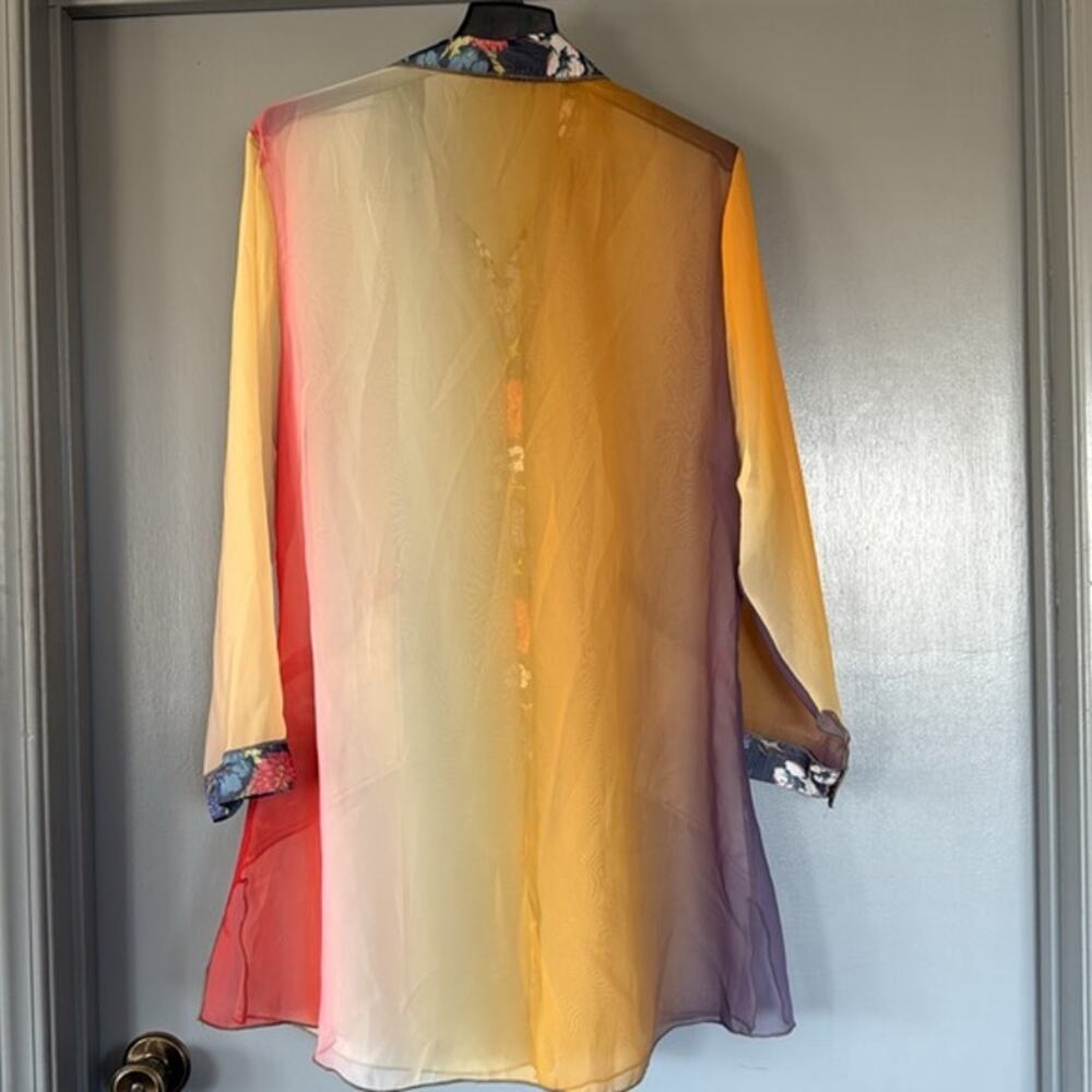 Yellow Ombre Sheer Women's Button Top Long Sleeve with Floral Trim sz 2X - Picture 2 of 4